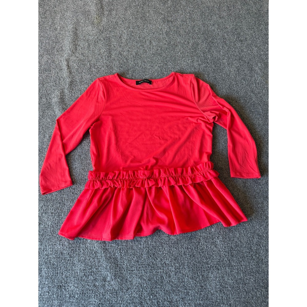 Ivanka Trump Womens Ruffle Peplum Long Sleeve Top Coral Red Crew Neck Stretch